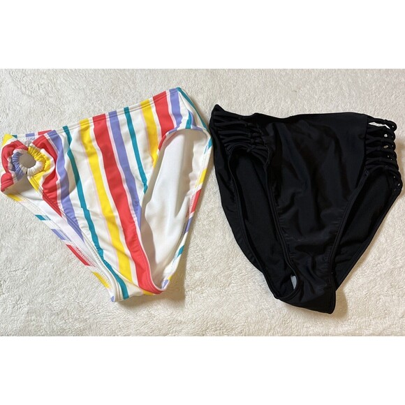 Lot of 2 Xhilaration Women's Bikini Bottoms Size Small High Cut Striped & Solid - Picture 1 of 8